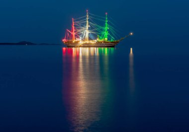 Porto Rotondo, Municipality of Olbia, province of Sassari, Italy, 07-03-2022. Military ship Amerigo Vespucci in the waters of the Gulf of Cugnana, in the Costa Smeralda, Sardinia.