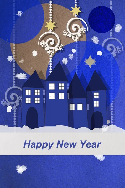 Happy new year van een winter-dorp — Stockfoto