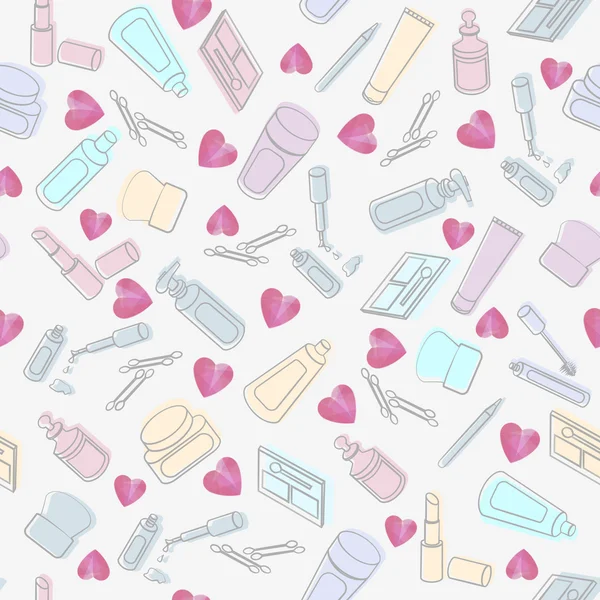 Cosmetics and beauty products with hearts — Stock Vector