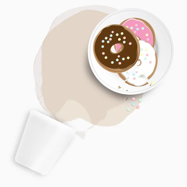 Färska donuts med utspillt kaffe eller te — Stockfoto