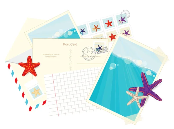 Photos, postcards, envelopes and starfish stickers — Stock Vector