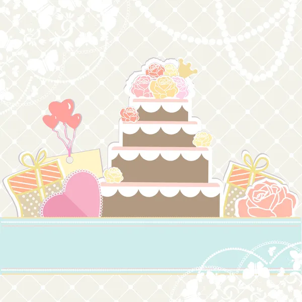 Casamento ou bolo de aniversário com presentes — Vetor de Stock