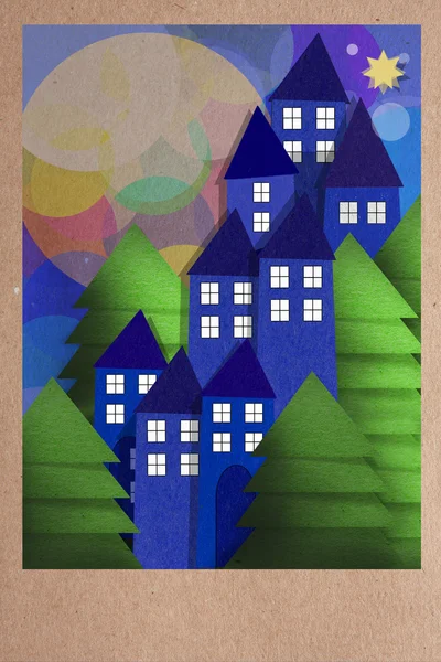 Paper applique night view of town houses — Stock Photo, Image