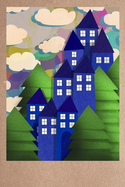 Sunset over a town in paper applique — Stock Photo, Image