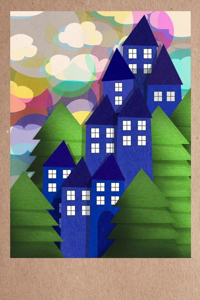 Sunset over a town in paper applique — Stock Photo, Image