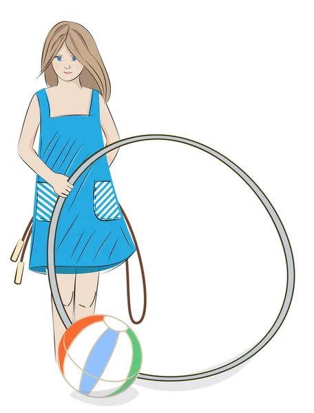 Chica con aro hula, pelota de playa y saltar la cuerda — Vector de stock