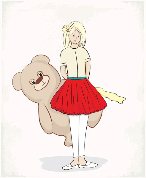 Jolie jeune fille avec un ours en peluche — Image vectorielle