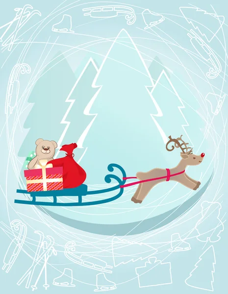 Reindeer pulling a sleigh with Christmas gifts — Stock Vector