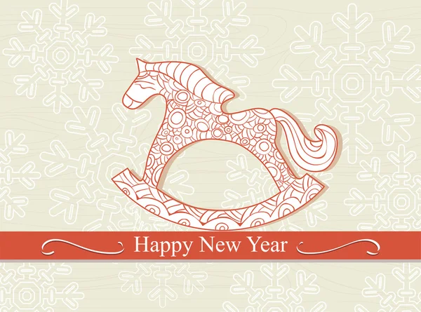 Happy New Year card with a rocking horse — Stock Vector