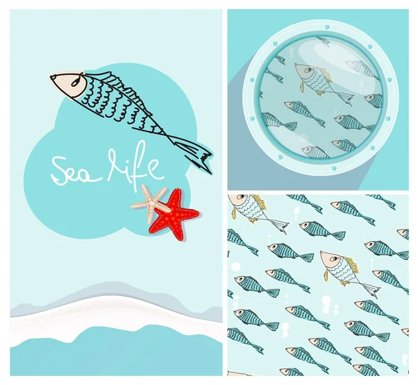 Reihe von nautischen Themen-Designs mit schwimmenden Fischen — Stockvektor