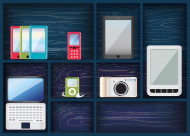 çeşitli elektronik cihazlar ile mavi raflar