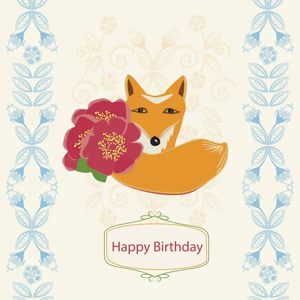 Happy Birthday card with a fox and flowers — Stock Vector