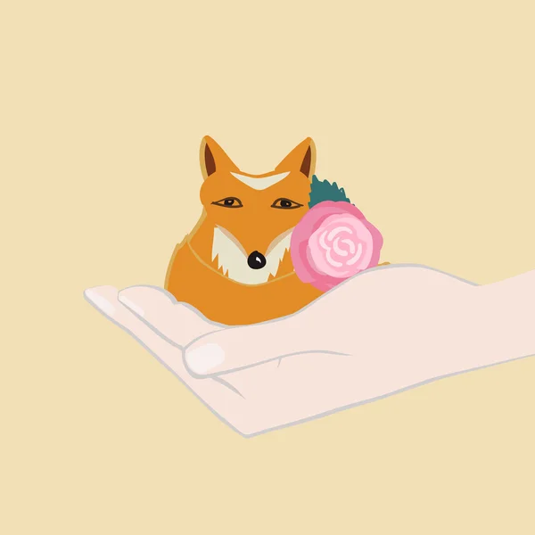 Adorável pequena raposa com uma flor rosa — Vetor de Stock