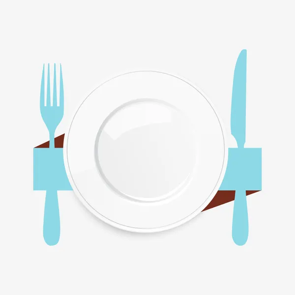 Пустая белая тарелка с голубым ножом и вилкой — стоковый вектор