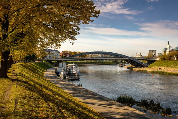 Wilno Litwa Października 2021 Jesienny Pejzaż Wilna Nowoczesnym Mostem Króla — Zdjęcie stockowe