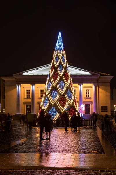 Vilna Lituania Diciembre 2020 Vista Nocturna Del Árbol Navidad Adornado —  Fotos de Stock