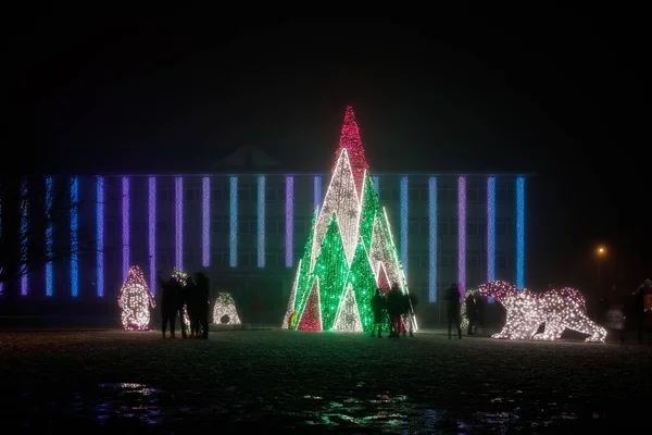 Sirvintos Litauen Desember 2021 Nattutsikt Til Det Utsmykkede Juletreet Foran – stockfoto