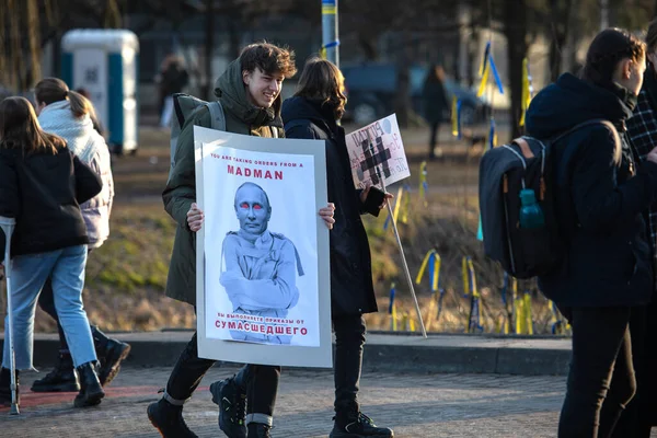 Vilnius Litauen März 2022 Mann Hält Bei Einem Protest Gegen — Stockfoto