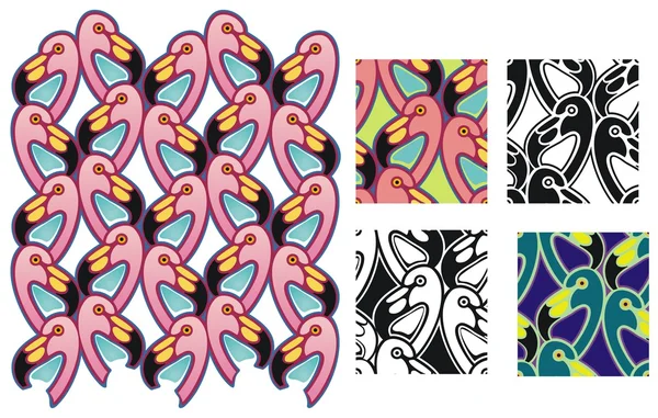 Flamingo patroon met tegels en variaties — Stockvector