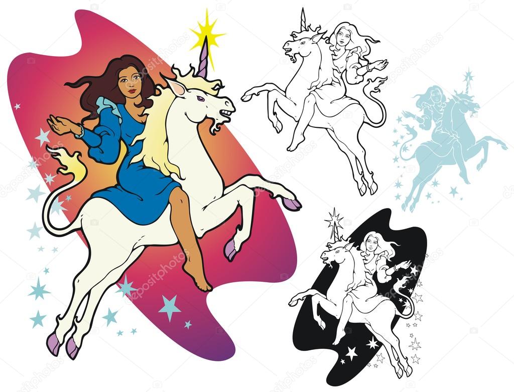 Jovem mulher montando um unicórnio Vetor de ©Therealdarla 48186619, image size:1024x782