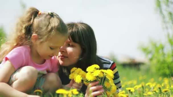 Madre e hija juntas en el prado — Vídeo de stock
