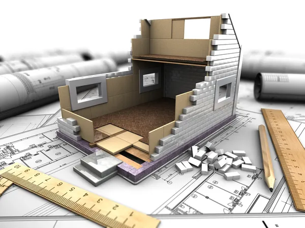Layout of house and blueprints Stock Image