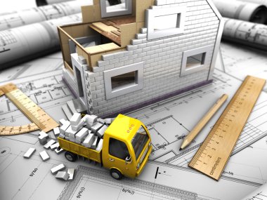 yellow truck and model of house clipart
