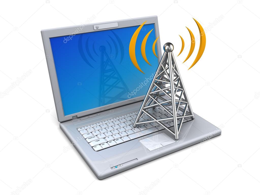 3d render of laptop and antenna wireless technology