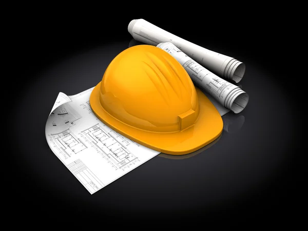 Hard hat with blueprints — Stock Photo, Image