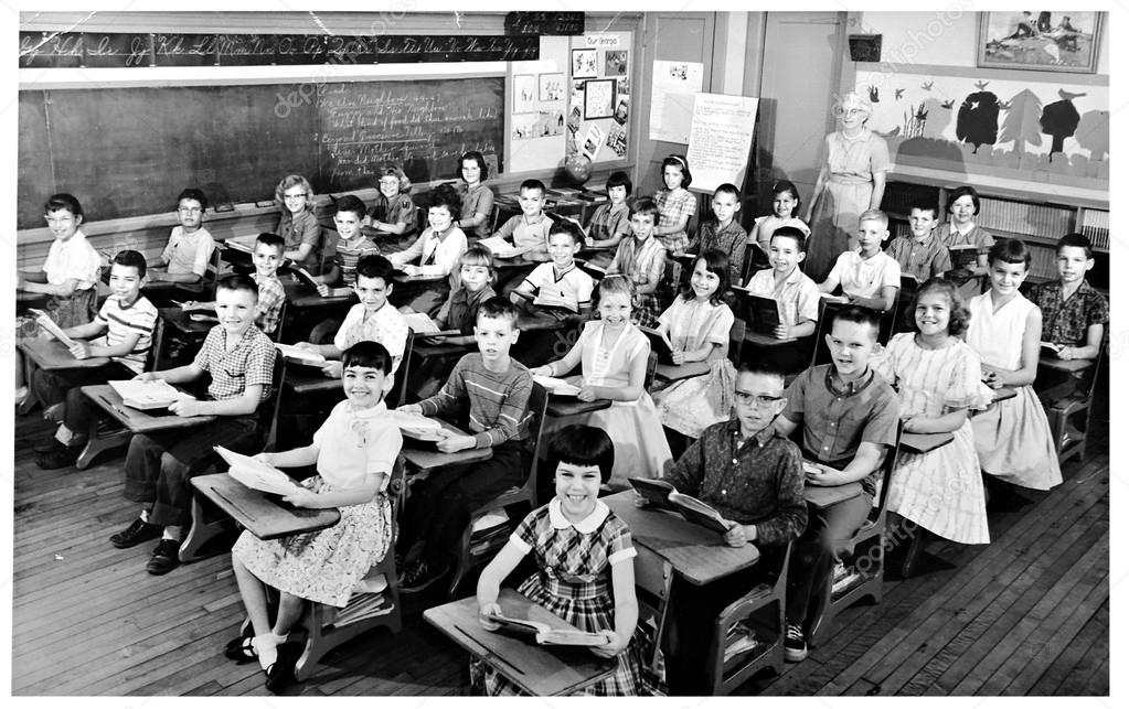 A 1959 classroom photo with students at desks.