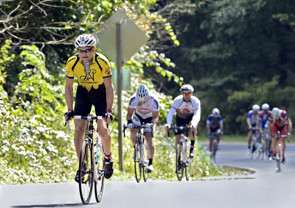 Ciclistas de bicicleta em uma estrada de montanha — Fotografia de Stock