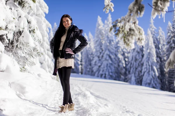 年轻的女子在冬天的山 — 图库照片