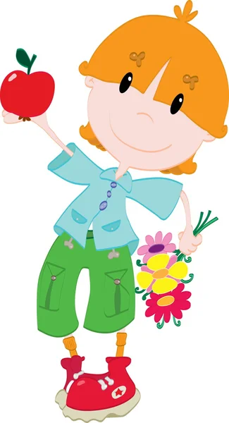 Niño con manzana y flores — Vector de stock