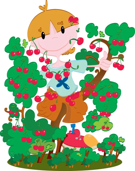 樱桃树上的小男孩 — 图库矢量图片