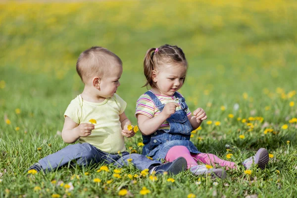 Kids in the spring field — Stock Photo, Image
