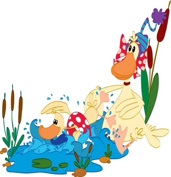 Little duck learn to swim — Stock Vector