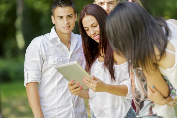 Tieners in het park met Tablet PC — Stockfoto