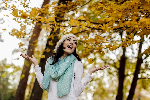 Jovem mulher na floresta de outono — Fotografia de Stock