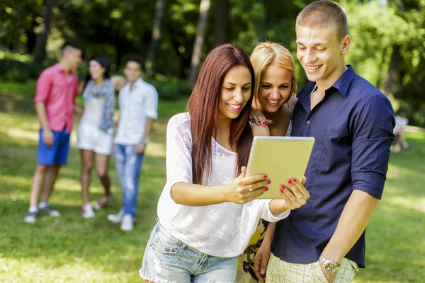 Teenagers with tablet in the park — Stock Photo, Image