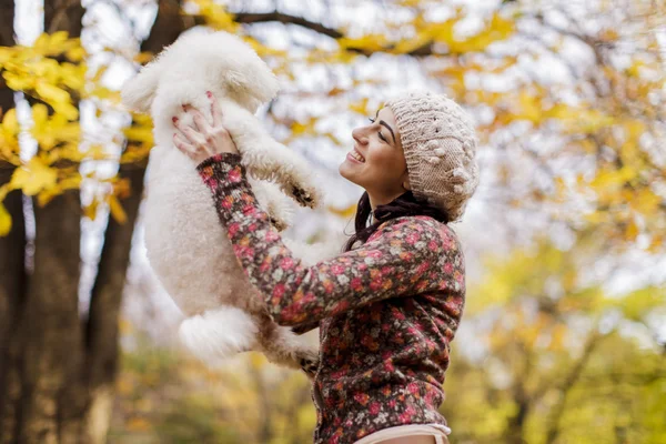 Νεαρή γυναίκα με ένα χαριτωμένο σκυλί — Φωτογραφία Αρχείου