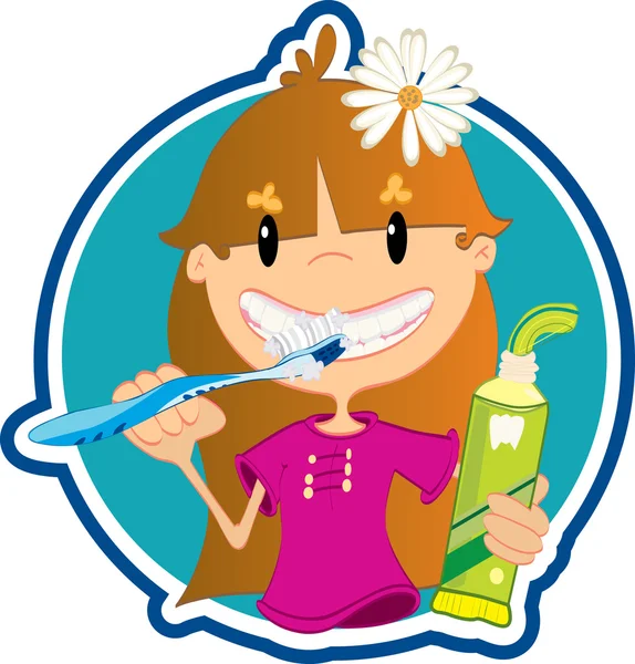 Niña lavando dientes — Vector de stock