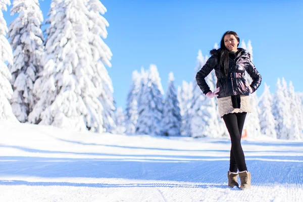 Genç kadın dağ, kış — Stok fotoğraf