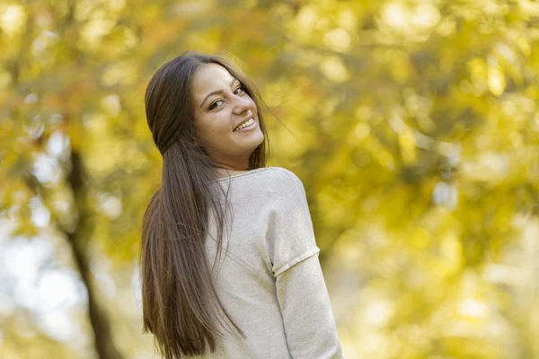 Mujer joven en el bosque de otoño — Foto de Stock