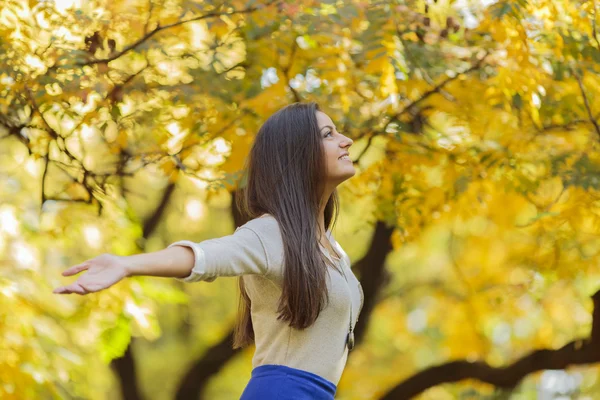 年轻女子在秋天的森林中 — 图库照片