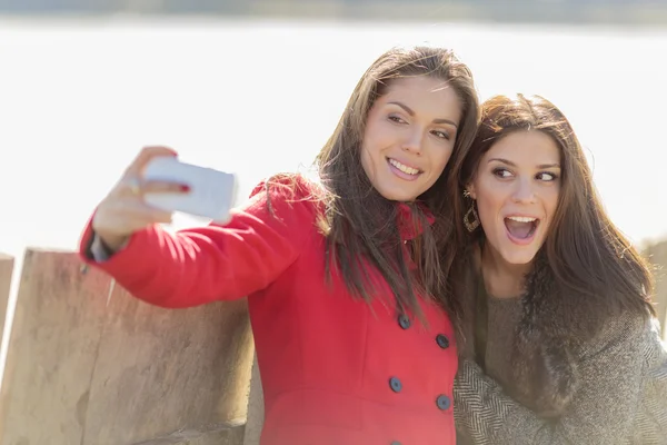 Mutlu genç kadınlar cep telefonu ile fotoğraf çekme — Stok fotoğraf