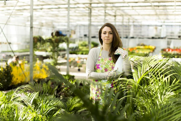 Jeune femme dans le jardin de fleurs — Photo