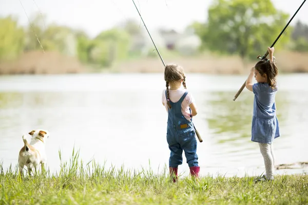 Two little girls fishing — Stock Photo, Image