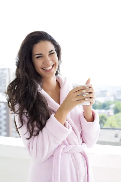 Young woman having a morning coffee on terrace — Stock Photo, Image