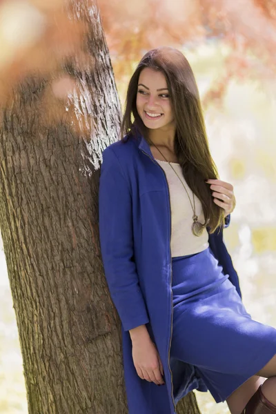 Mujer joven en bosque de otoño — Foto de Stock