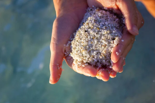 Quartz Sand Female Hands Beach — Stock Photo, Image